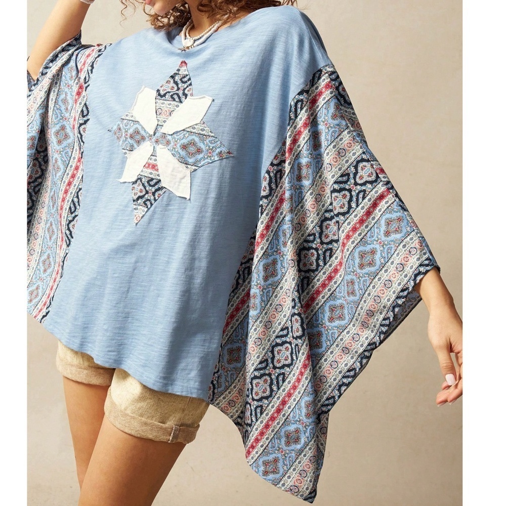 Boho Blue Tribal Geo Print Batwing Sleeve Poncho Top